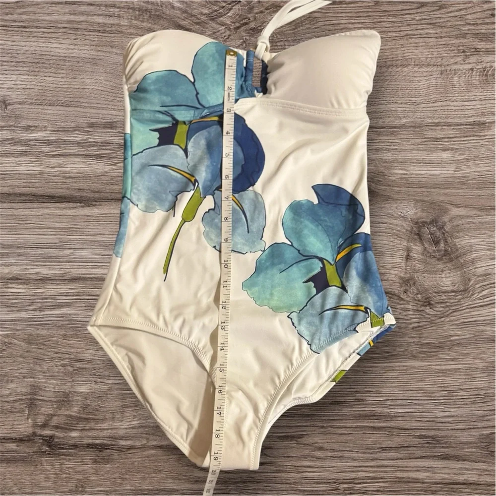 NWT Tory Burch Iris Print Persica One Piece Halter Swimsuit in White Size Small